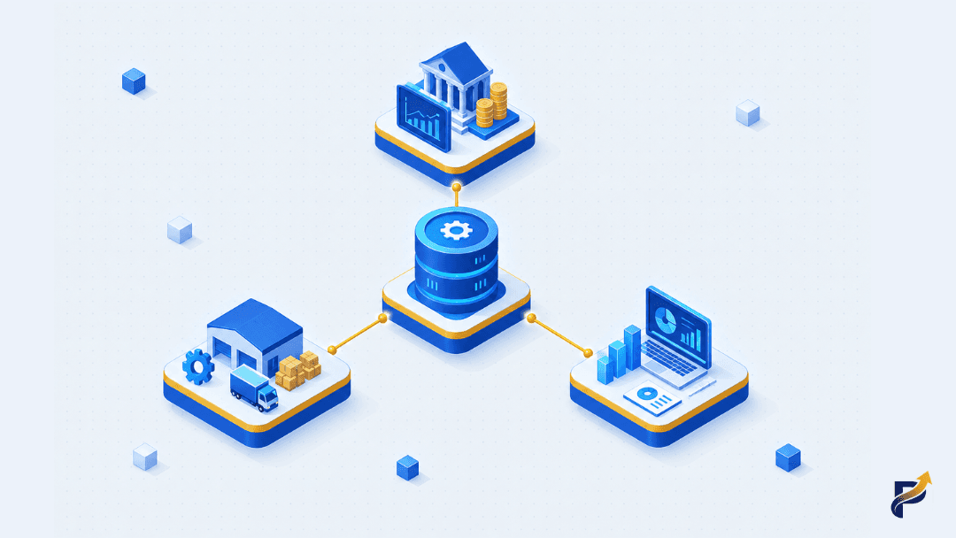 Diagram of subsidiary ERP systems connected through an integration hub to a group consolidation dashboard for intercompany accounting
